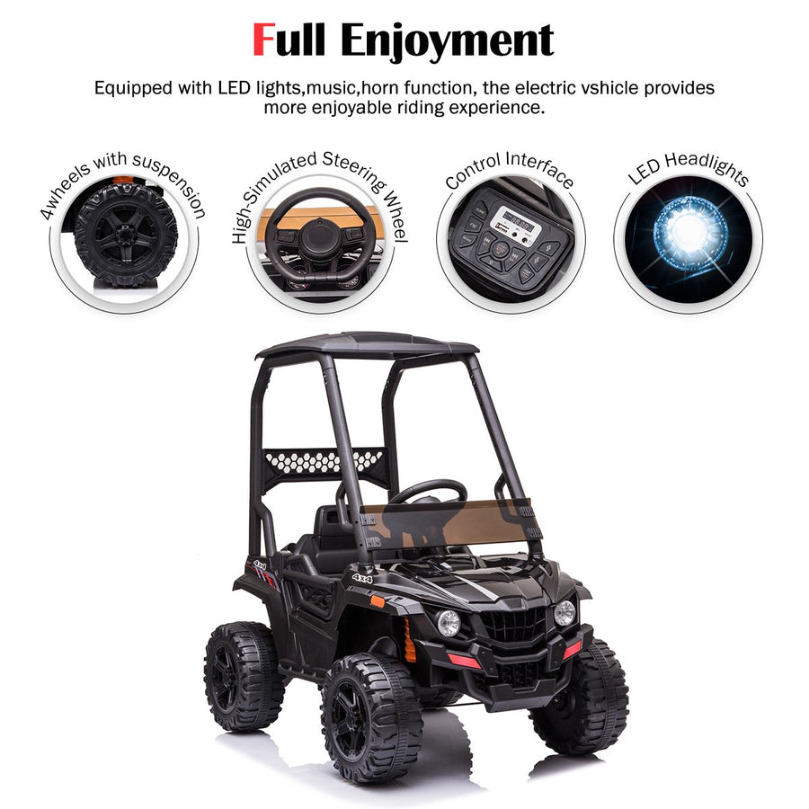 12V Ride on Toy with Remote Control, Kids Off-Road UTV Ride on Truck Car with High Roof, Black Electric Vehicles for Boys Girls, Suspension, 3 Speeds, LED Lights, MP3 Player, L