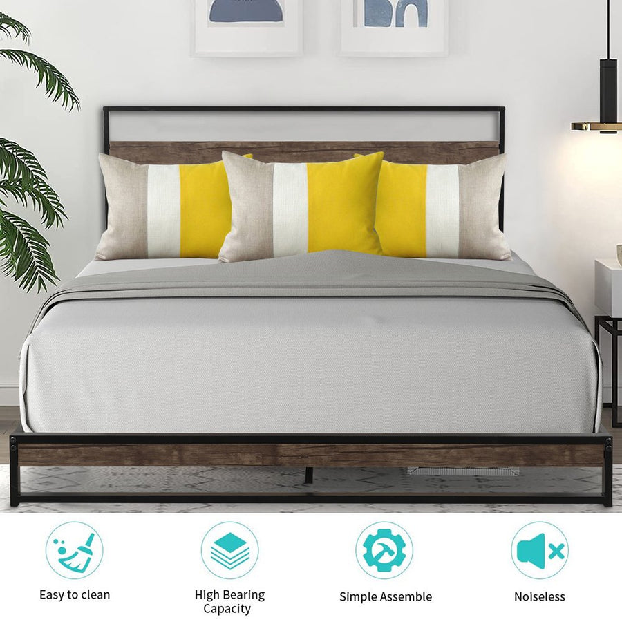 Queen Bed Frame with Headboard, SEGMART Metal Bed Frame with Wood Slat Support, Platform Bed Queen Size for Kids Adults Teens, Queen Bed Frame No Box Spring Needed, Mocha Wood, L