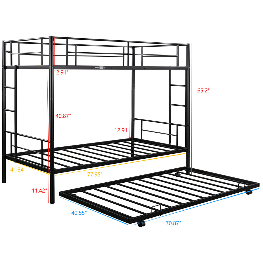 Bunkbed with Roll Out Trundle Bed Frame, Metal Bunk Bed Can Be Divided Into Two Twin Beds, Trundle Twin Bunk Bed with Ladders and Guardrails for Guest Room, Space Saving Bedroom Furniture, B21