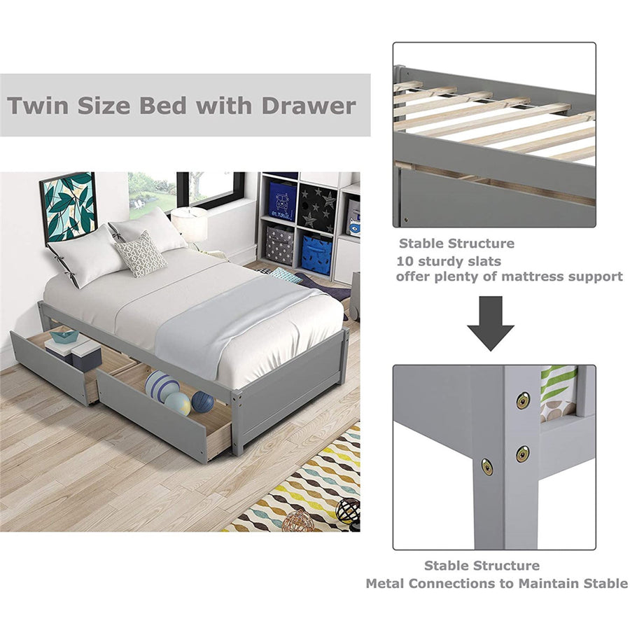 Wood Platform Bed Frame with Storage, Twin Size Bed Frame for Girls Boys, SEGMART Classic Twin Bed Frame with Drawers/Wood Slat Support, Kids Twin Bed Frame No Box Spring Needed, Grey, H696