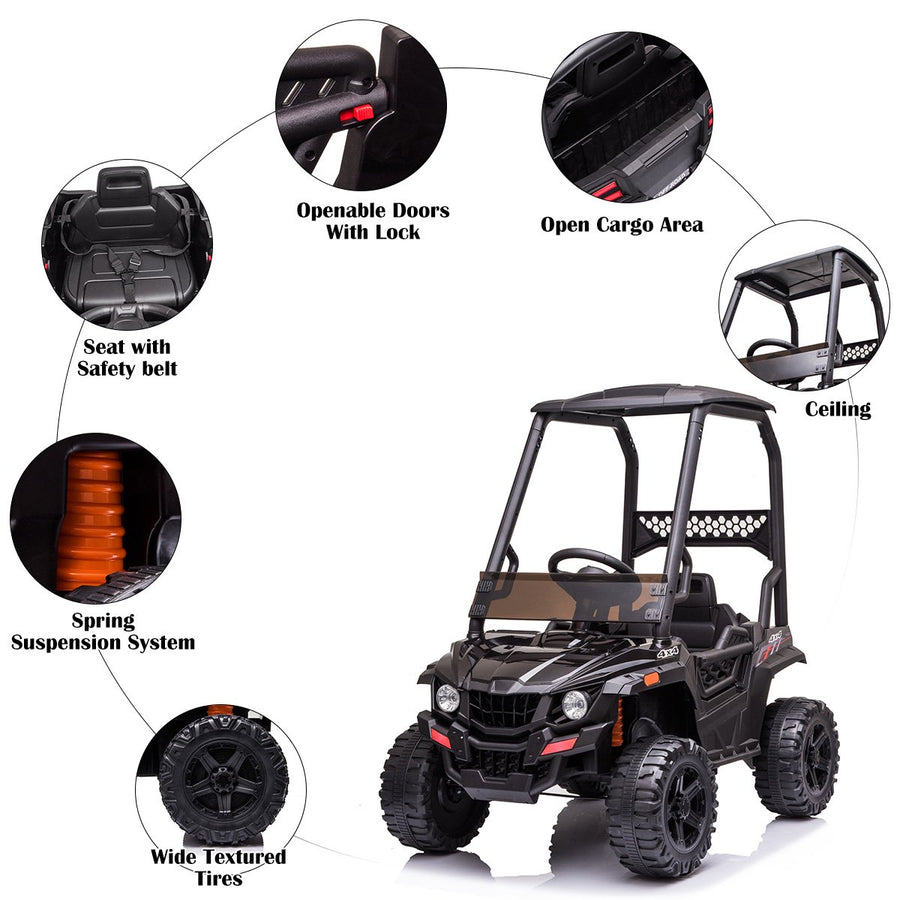 12V Ride on Toy with Remote Control, Kids Off-Road UTV Ride on Truck Car with High Roof, Black Electric Vehicles for Boys Girls, Suspension, 3 Speeds, LED Lights, MP3 Player, L