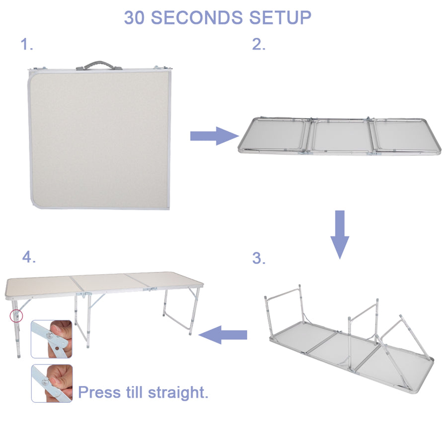 6FT Aluminum Alloy Folding Table, Indoor Outdoor Portable Foldable Plastic Dining Table, Lightweight Rectangular Table with Adjustable Height & Carrying Handle for Party Picnic Beach Camping, B10