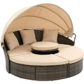 Outdoor Conversation Lounger Set, Round Patio Daybed Sunbed with Retractable Canopy and Cushions, Rattan Wicker Patio Sectional Sofa Set with Coffee Table for Backyard Porch Garden Deck Poolside