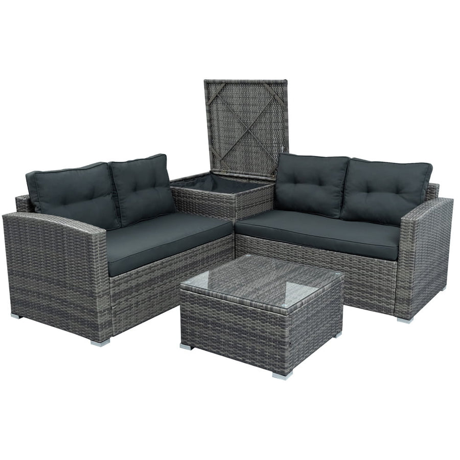Patio Furniture Set Clearance, 4 Piece Patio Furniture Sets with Loveseat Sofa, Storage Box, Tempered Glass Coffee Table, All-Weather Patio Sectional Sofa Set with Cushions for Backyard Garden Pool