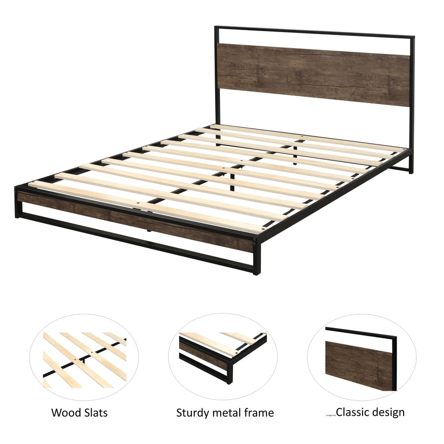 Queen Bed Frame with Headboard, SEGMART Metal Bed Frame with Wood Slat Support, Platform Bed Queen Size for Kids Adults Teens, Queen Bed Frame No Box Spring Needed, Mocha Wood, L