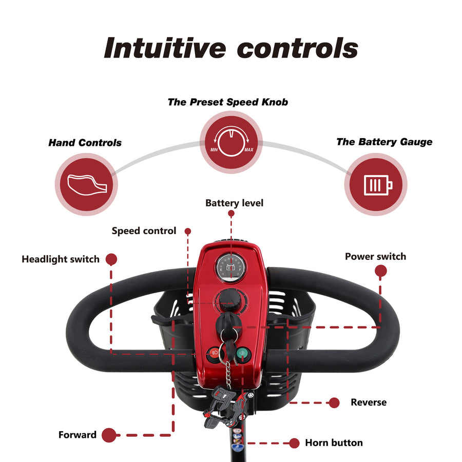 Outdoor Motorized Mobility Scooter for Senior, Heavy Duty Handicap Electric Scooters with 4 Wheel, Sliding Swivel Seat with Flip-Up Armrests, 2 in 1 Cup & Phone Holder, 300lbs, Red, SS1929