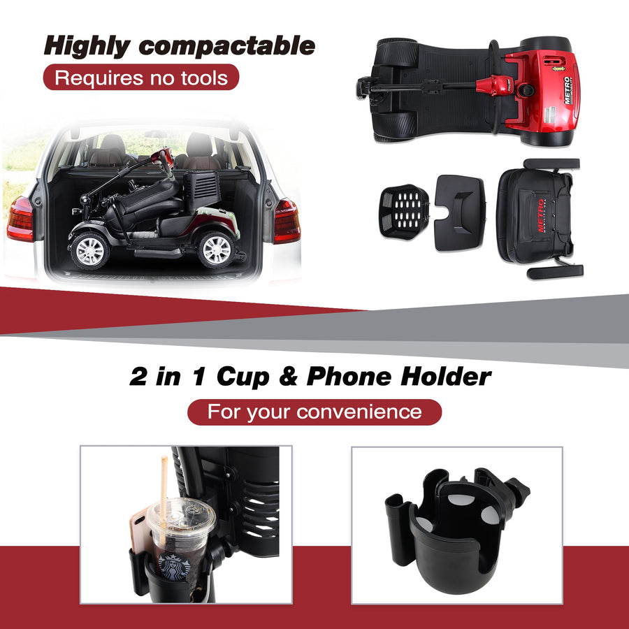 Mobility Scooters for Seniors, 2 in 1 Cup & Phone Holder Electric Scooters with 4 Wheel, Compact Motorized Scooter with Headlights, Outdoor Outdoor Compact Scooter With Anti-Tip wheels, Red, SS1920