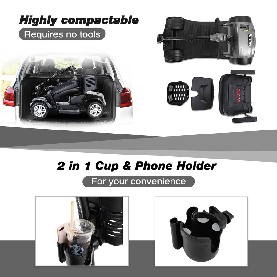 Mobility Scooters for Seniors, 2 in 1 Cup & Phone Holder Electric Scooters with 4 Wheel, Compact Motorized Scooter with Headlights, Outdoor Power Scooter With Anti-Tip wheels, Grey, SS1940
