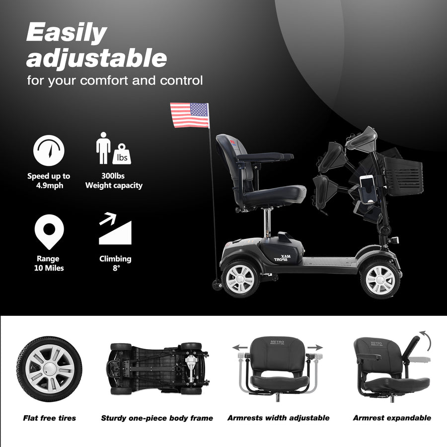Mobility Scooters for Seniors, 2 in 1 Cup & Phone Holder Electric Scooters with 4 Wheel, Compact Motorized Scooter with Headlights, Outdoor Power Scooter With Anti-Tip wheels, Grey, SS1940