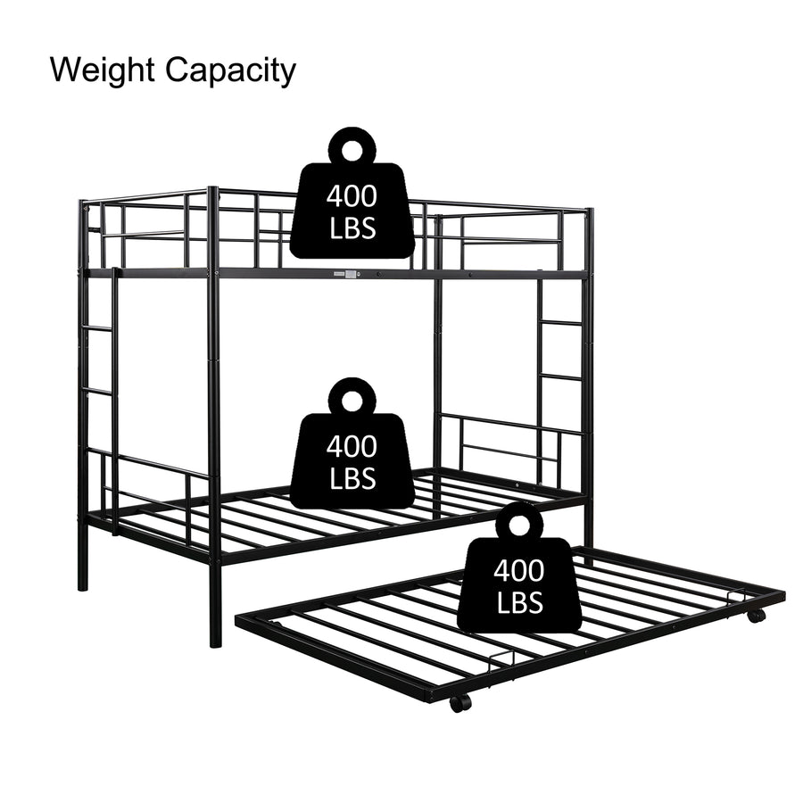 Bunkbed with Roll Out Trundle Bed Frame, Metal Bunk Bed Can Be Divided Into Two Twin Beds, Trundle Twin Bunk Bed with Ladders and Guardrails for Guest Room, Space Saving Bedroom Furniture, B21