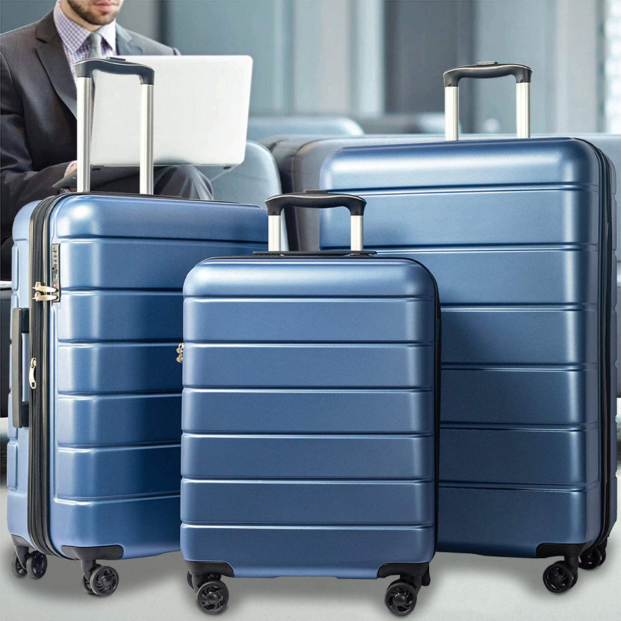 Carry on Luggage Set, 3pcs 20''/24''/28'' Fashion Lightweight Suitcase Travel Sets for Women, 3-in-1 Portable Trolley Case with Telescoping Handle, Outdoor Hardside Luggage Set, Blue, S9351