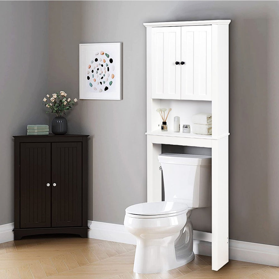 Bathroom Above Toilet Cabinet, Espresso MDF Storage Cabinet, Bathroom Storage Space Saver with Adjustable Shelf & Glass Door Cabinet, Over The Toilet Storage for Bathroom, B29