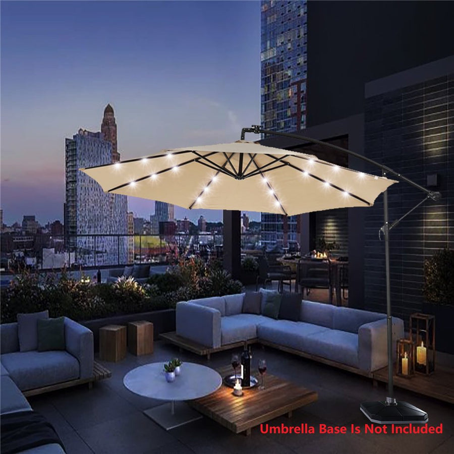 Outdoor Umbrella with Led Lights, 10FT Solar LED Offset Patio Umbrella, Hanging Cantilever Market Patio Umbrella with Crank, Cross Base, Backyard Offset Umbrella for Garden Pool, L