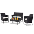 Wicker Patio Sets, 4 Piece Outdoor Conversation Set With Glass Dining Table, Loveseat & 2 Cushioned Chairs, Black Patio Furniture Sets with Coffee Table for Yard, Porch, Garden, Poolside, LL883