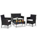 Wicker Patio Sets, 4 Piece Outdoor Conversation Set With Glass Dining Table, Loveseat & 2 Cushioned Chairs, Black Patio Furniture Sets with Coffee Table for Yard, Porch, Garden, Poolside, LL883