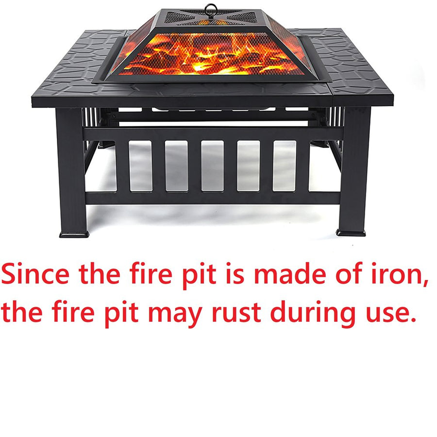 Outdoor Bonfire Pit with Grill Net, 32" Outdoor Square Metal Fire Pit with Cover, Wood Burning BBQ Grill Fire Pit Bowl, Backyard Patio Garden Fire Pit for Camping, Heating, Bonfire, Picnic, LL588
