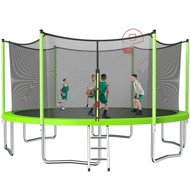 16FT Trampoline with Basketball Hoop, Green Outdoor Trampolines Recreational Kids Trampoline with Enclosure Net Outdoor for 3-5 Kids, L