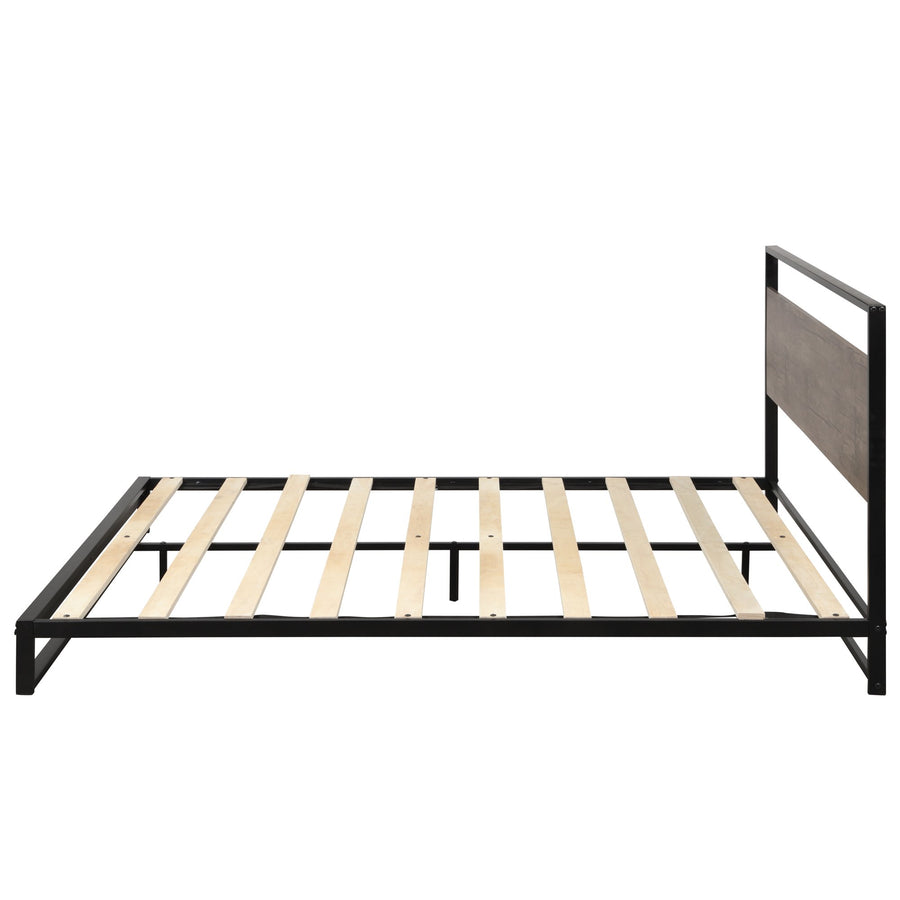 Queen Bed Frame with Headboard, SEGMART Metal Bed Frame with Wood Slat Support, Platform Bed Queen Size for Kids Adults Teens, Queen Bed Frame No Box Spring Needed, Mocha Wood, L