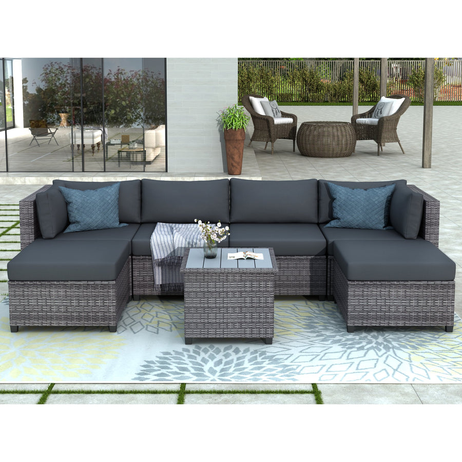 7 Piece Patio Furniture Set with 4 Rattan Wicker Chairs, 2 Ottoman, Coffee Table, All-Weather Outdoor Conversation Set with Gray Cushions for Backyard, Porch, Garden, Poolside, L5017