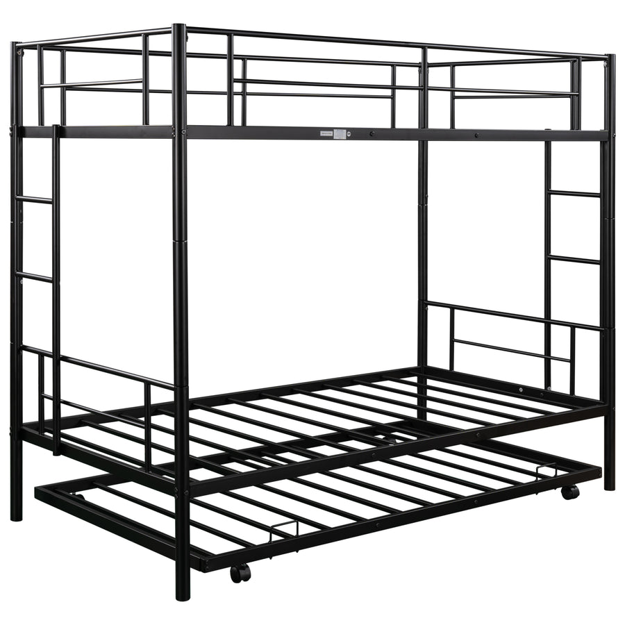Bunkbed with Roll Out Trundle Bed Frame, Metal Bunk Bed Can Be Divided Into Two Twin Beds, Trundle Twin Bunk Bed with Ladders and Guardrails for Guest Room, Space Saving Bedroom Furniture, B21