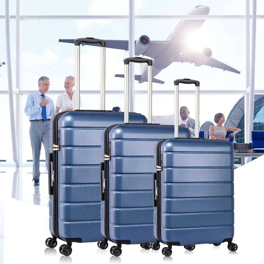 Carry on Luggage Set, 3pcs 20''/24''/28'' Fashion Lightweight Suitcase Travel Sets for Women, 3-in-1 Portable Trolley Case with Telescoping Handle, Outdoor Hardside Luggage Set, Blue, S9351