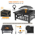 Outdoor Bonfire Pit with Grill Net, 32" Outdoor Square Metal Fire Pit with Cover, Wood Burning BBQ Grill Fire Pit Bowl, Backyard Patio Garden Fire Pit for Camping, Heating, Bonfire, Picnic, LL588