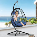 Outdoor Swinging Egg Chair, Patio Wicker Hanging Chairs with Stand, UV Resistant Hammock Chair with Comfortable Navy Blue Cushion, Durable Indoor Swing Egg Chair for Garden, Backyard, L3951