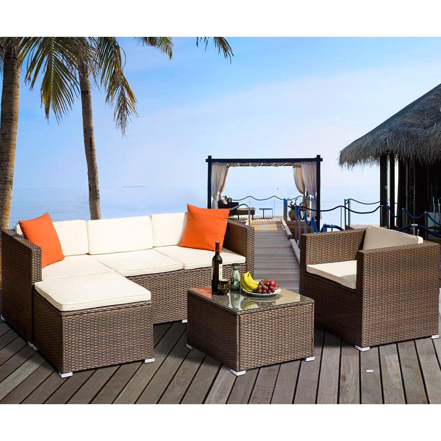 4 Piece Patio Furniture Set, All-Weather Outdoor Conversation Set with Loveseat and Glass Table, Wicker Sectional Sofa Set with Beige Cushions for Backyard, Porch, Garden, Poolside, LLL1311