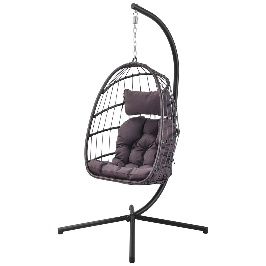 Clearance! Hanging Wicker Egg Chair, Outdoor Patio Hanging Chairs with Stand, UV Resistant Hammock Chair with Comfortable Gray Cushion, Durable Indoor Swing Egg Chair for Garden, Backyard, 350lbs, L