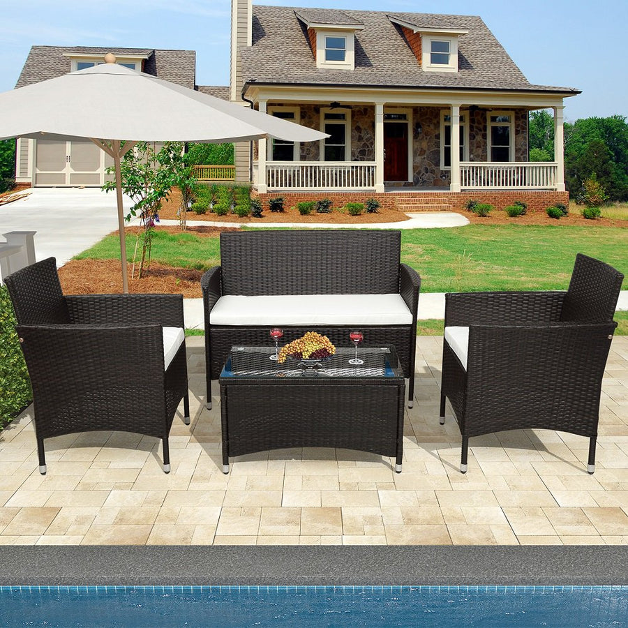 Patio Furniture Sets Clearance, 4 Piece Wicker Patio Set with Glass Dining Table, Loveseat & Cushioned Wicker Chairs, Modern Rattan Outdoor Conversation Sets for Backyard, Porch, Garden, LLL1722