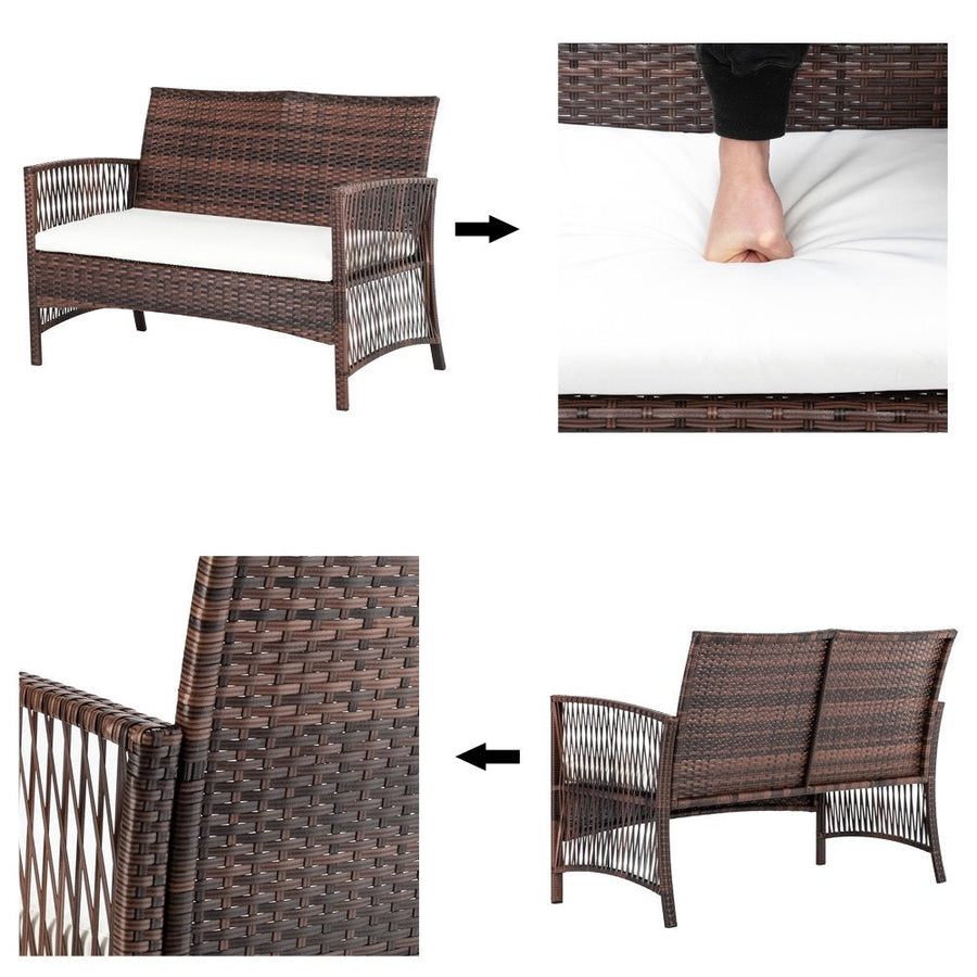 Wicker Patio Sets, 4 Piece Outdoor Conversation Set with Glass Dining Table, Loveseat & 2 Cushioned Chairs, Brown Patio Furniture Sets with Coffee Table for Yard, Porch, Garden, Poolside, L
