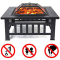 Outdoor Bonfire Pit with Grill Net, 32" Outdoor Square Metal Fire Pit with Cover, Wood Burning BBQ Grill Fire Pit Bowl, Backyard Patio Garden Fire Pit for Camping, Heating, Bonfire, Picnic, LL588