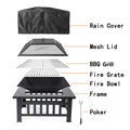 Outdoor Bonfire Pit with Grill Net, 32" Outdoor Square Metal Fire Pit with Cover, Wood Burning BBQ Grill Fire Pit Bowl, Backyard Patio Garden Fire Pit for Camping, Heating, Bonfire, Picnic, LL588