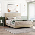 SEGMART Upholstered Platform Queen Bed Frame, Button Tufted Bed Frame with Headboard, Linen Fabric Bed Frame with Wood Slat Support, Box Spring Needed, 500lbs, Beige, SS713