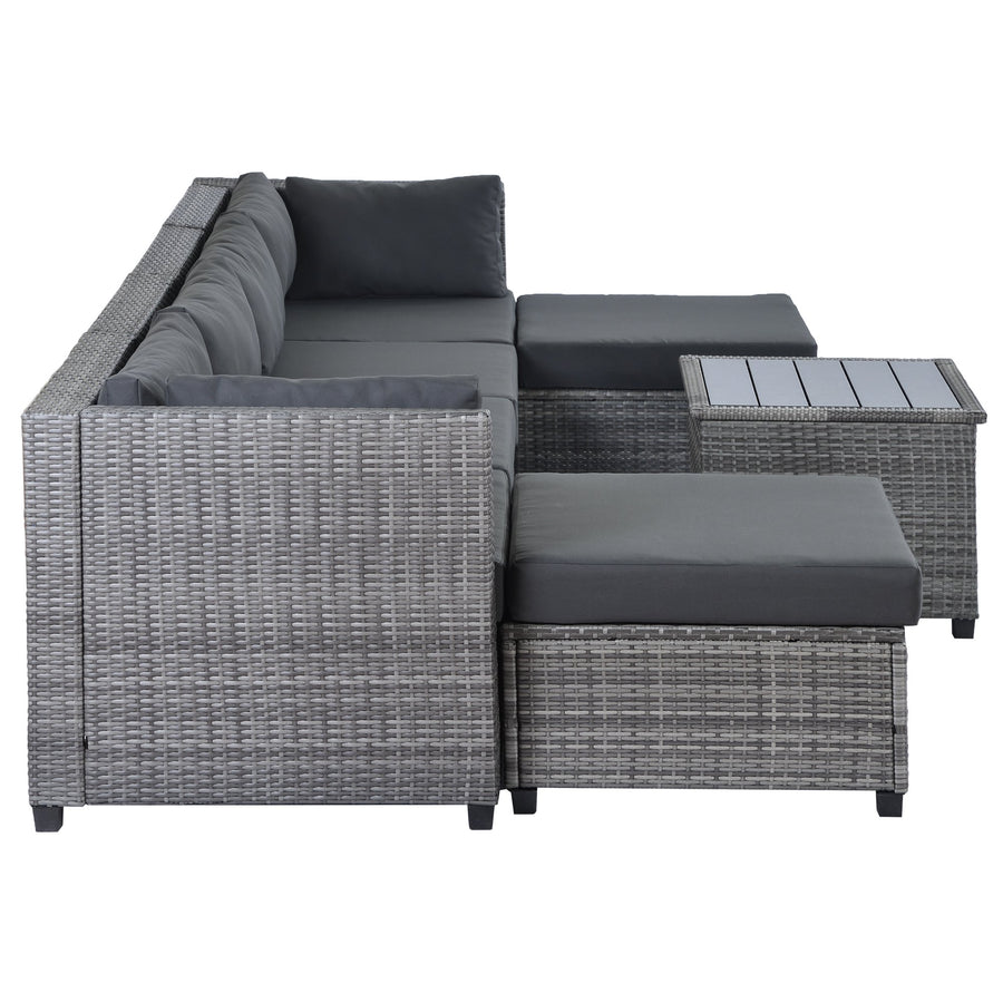 7 Piece Patio Furniture Set with 4 Rattan Wicker Chairs, 2 Ottoman, Coffee Table, All-Weather Outdoor Conversation Set with Gray Cushions for Backyard, Porch, Garden, Poolside, L5017