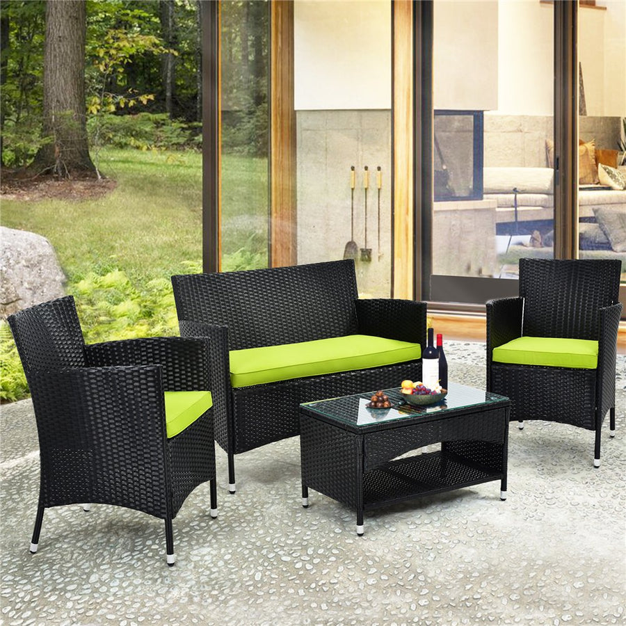 Patio Furniture Sets Clearance, 4 Piece Wicker Patio Set with Glass Dining Table, Loveseat & Cushioned Wicker Chairs, Modern Rattan Outdoor Conversation Sets for Backyard, Porch, Garden, L3121