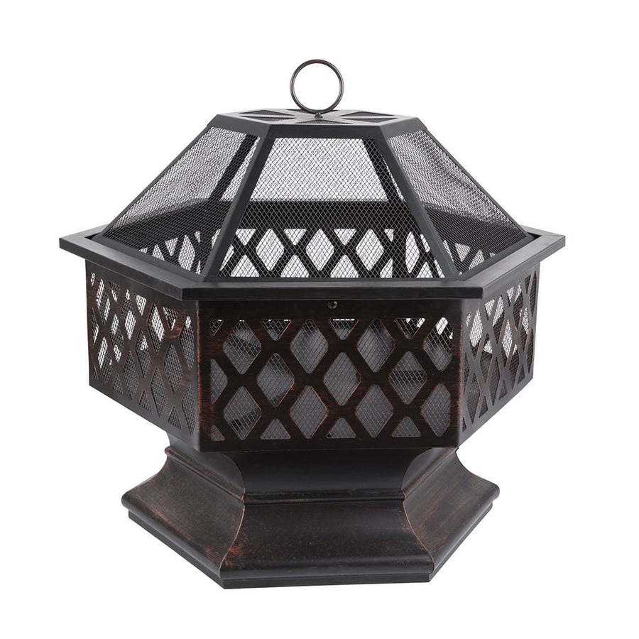 Outdoor Bonfire Pit, 24" Outdoor Hexagon Metal Fire Pit, Wood Burning BBQ Grill Fire Pit Bowl with Spark Screen, Poker, Backyard Patio Garden Fire Pit for Camping, Heating, Bonfire, Picnic, L6222