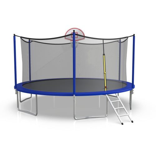 16FT Trampoline with Basketball Hoop, Blue Outdoor Trampolines Recreational Kids Trampoline with Enclosure Net Outdoor for 3-5 Kids, L