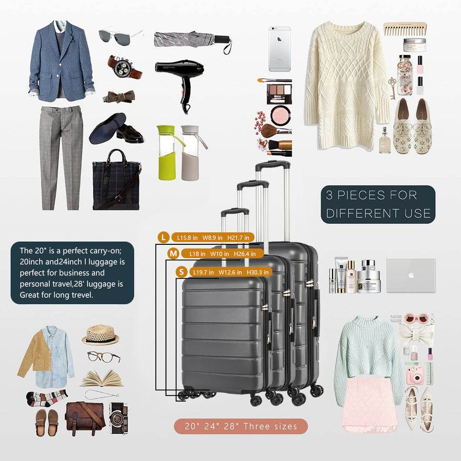 Carry on Luggage Set, 3pcs 20''/24''/28'' Fashion Lightweight Suitcase Travel Sets for Women, 3-in-1 Portable Trolley Case with Telescoping Handle, Outdoor Hardside Luggage Set, Grey, S9351