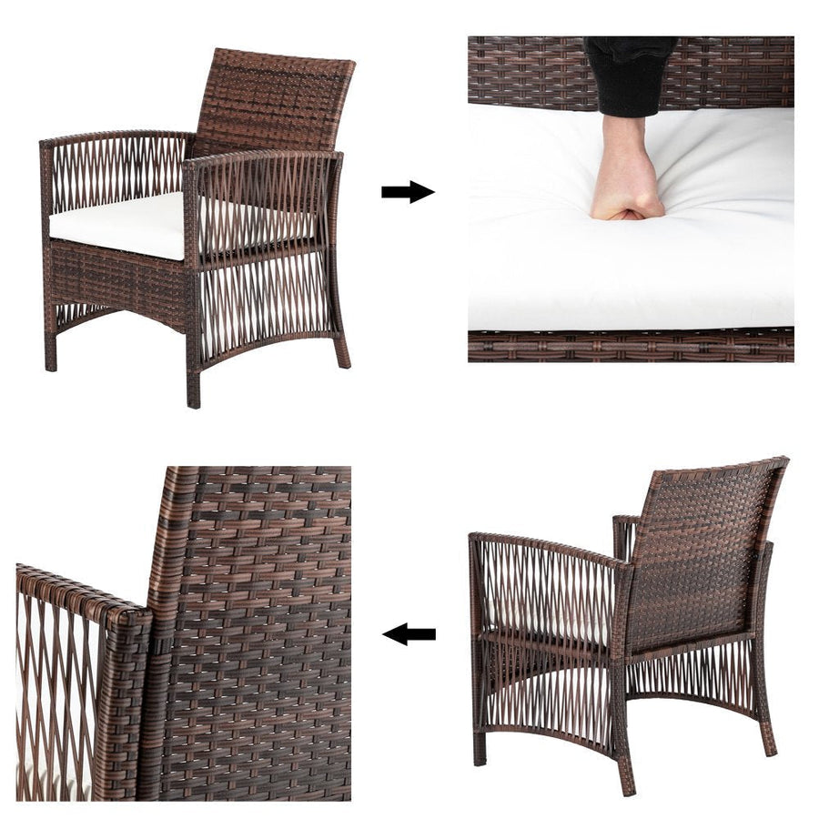 Outdoor Patio Furniture Set, 4 Piece Garden Conversation Set with Glass Dining Table, Loveseat & 2 Cushioned Chairs, Brown Wicker Patio Set with Coffee Table for Yard, Porch, Poolside, S10001