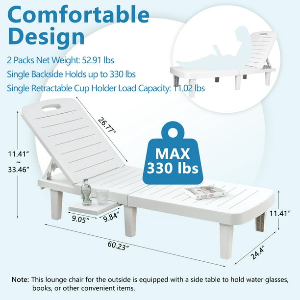 2 Pack Outdoor Lounge Chairs, SEGMART Patio Chaise Lounge for Tanning, Pool Sun Loungers Recliner Set of 2 with Adjustable Backrest(5 Positions) | Side Table | Max Weight Capacity 330 lbs, White
