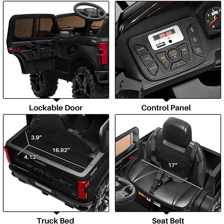 12V Ride on Toys Truck, Chevrolet Silverado Kids Ride on Cars with Remote Control, Ride on Truck for Boys Girls, Black Electric Cars Christmas Gifts w/ Spring Suspension, LED Light, L11