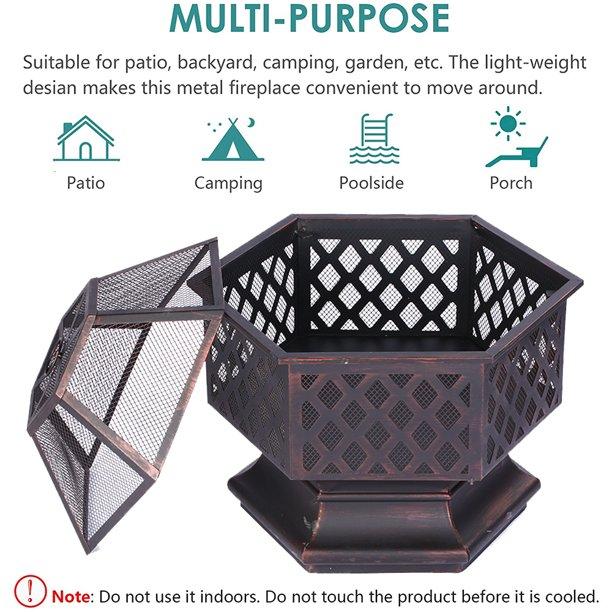 SEGMART Wood Burning Fire Pit, Metal Fire Pit with Flame-Retardant Lid, Wood Burning Fire Pit w/Poker, Wood Burning Fireplace Ice Pit for Backyard Patio Garden BBQ Grill, Bronze, S7041