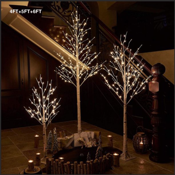 Pre-lit Birch Tree, 3 Pack 4FT 5FT 6FT Birch Tree with Warm White, White Christmas Tree Lights with Base, Decor for Christmas/Party/Wedding/Office/Home/Bedroom, Plug-in Indoor Outdoor Use, B22
