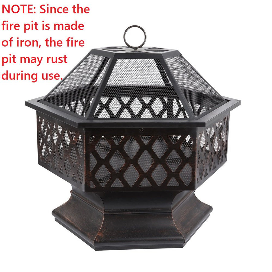 Outdoor Bonfire Pit, 24" Outdoor Hexagon Metal Fire Pit, Wood Burning BBQ Grill Fire Pit Bowl with Spark Screen, Poker, Backyard Patio Garden Fire Pit for Camping, Heating, Bonfire, Picnic, L6222