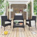 Wicker Patio Sets, 4 Piece Outdoor Conversation Set with Glass Dining Table, Loveseat & 2 Cushioned Chairs, Modern Patio Furniture Sets with Coffee Table for Yard, Porch, Garden, Poolside, L