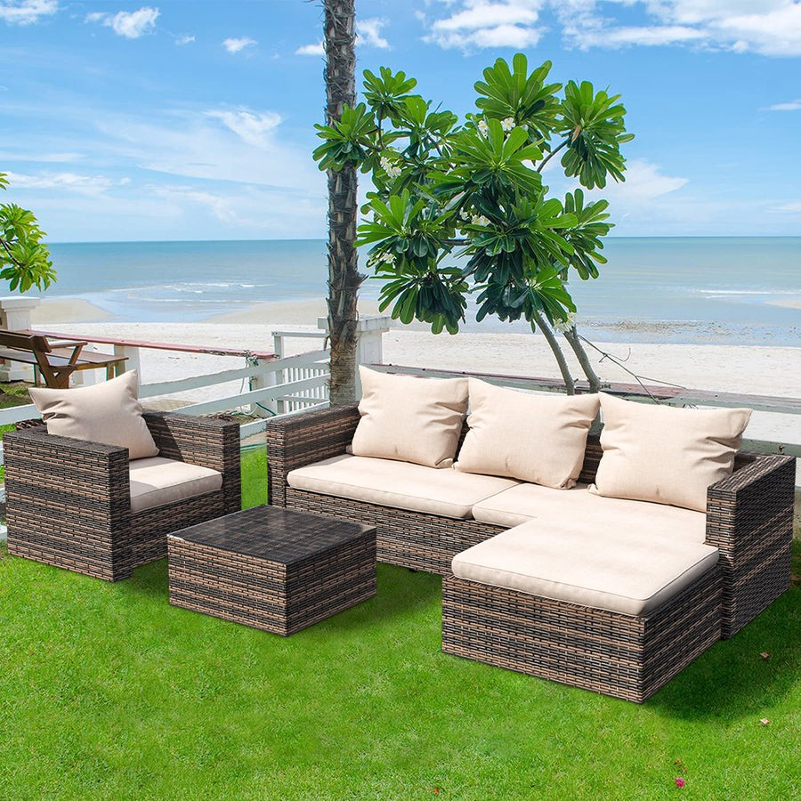 4 Piece Outdoor Patio Furniture Set with Wicker Chair, 3-Seat Sofa, Ottoman, Glass Table, All-Weather PE Rattan Patio Conversation Furniture Set for Backyard, Porch, Garden, Poolside, L4495