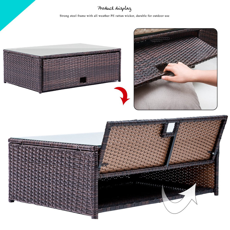 Outdoor Patio Conversation Furniture Sets, 4-Piece Wicker Patio Conversation Furniture Set w/2 Double-Seat Corner Sofas, Single Sofa, Glass Dining Table, Padded Cushions, 2 Pillows, S5590
