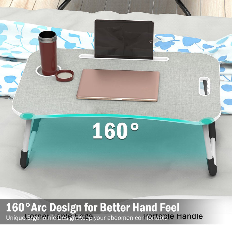 Fold Laptop Desk for Bed, Portable Laptop Bed Tray with Legs, Small Lazy Laptop Bed Tray with iPad Slots, Gray Laptop Table for Adults/Students/Kids, Eating Working Desk for Couch/Sofa/Floor, L
