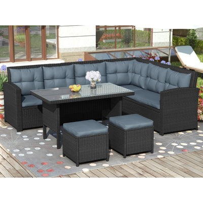 Outdoor Patio Bistro Dining Furniture Set, Sectional Wicker Dining Furniture w/ 2 Ottoman, Removable Cushions & Tempered Glass Coffee Table, Conversation Set for Porch, Backyard, 330lbs, S2105